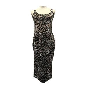 Boohoo Leopard Print Rib Stretch Slip Midi Dress Resin Ring Straps- 10 NWT